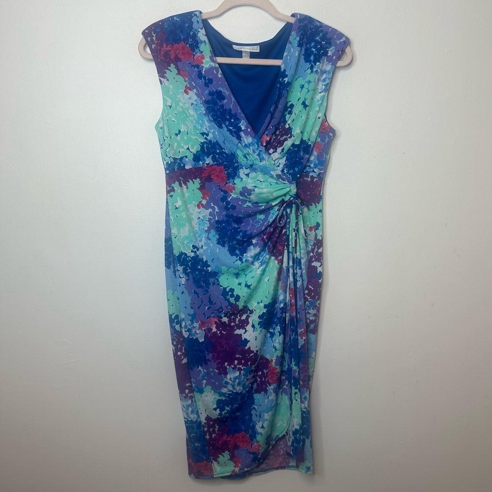 London Times Women’s Turquoise Blue Watercolor Caribbean Wrap Dress Size 10